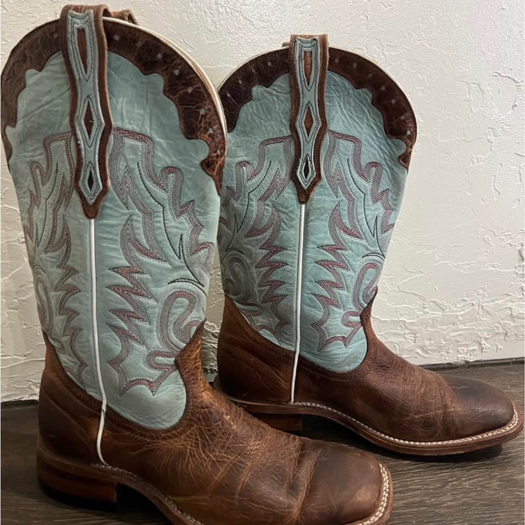 Brown And Blue Western Heeled Boots